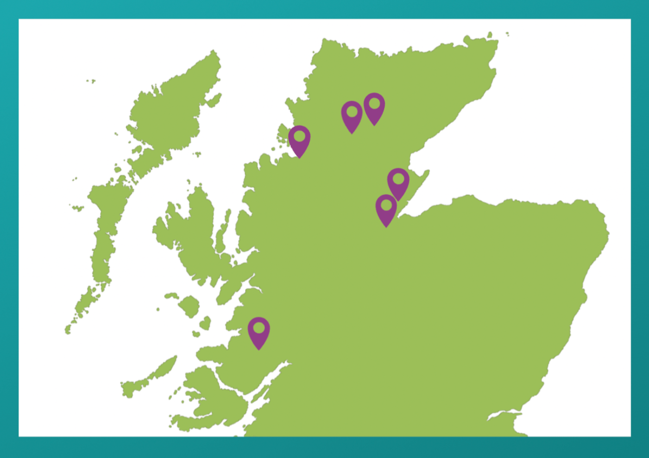 Green Scotland map on a white background with a blue border. Purple location (pin) icons indicate respondents are based in: Inverness, Fortrose, New Sutherland, Rosehall, Lochaber and Ullapool