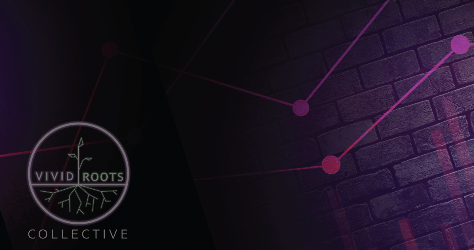 Dark purple brick background with pink line and bar graph overlay. Vivid Roots Collective logo in foreground (purple circle with a line cutting across horizontally. Above the purple 'earth' line is a green sapling shape, below the purple 'earth' line are green roots shapes).